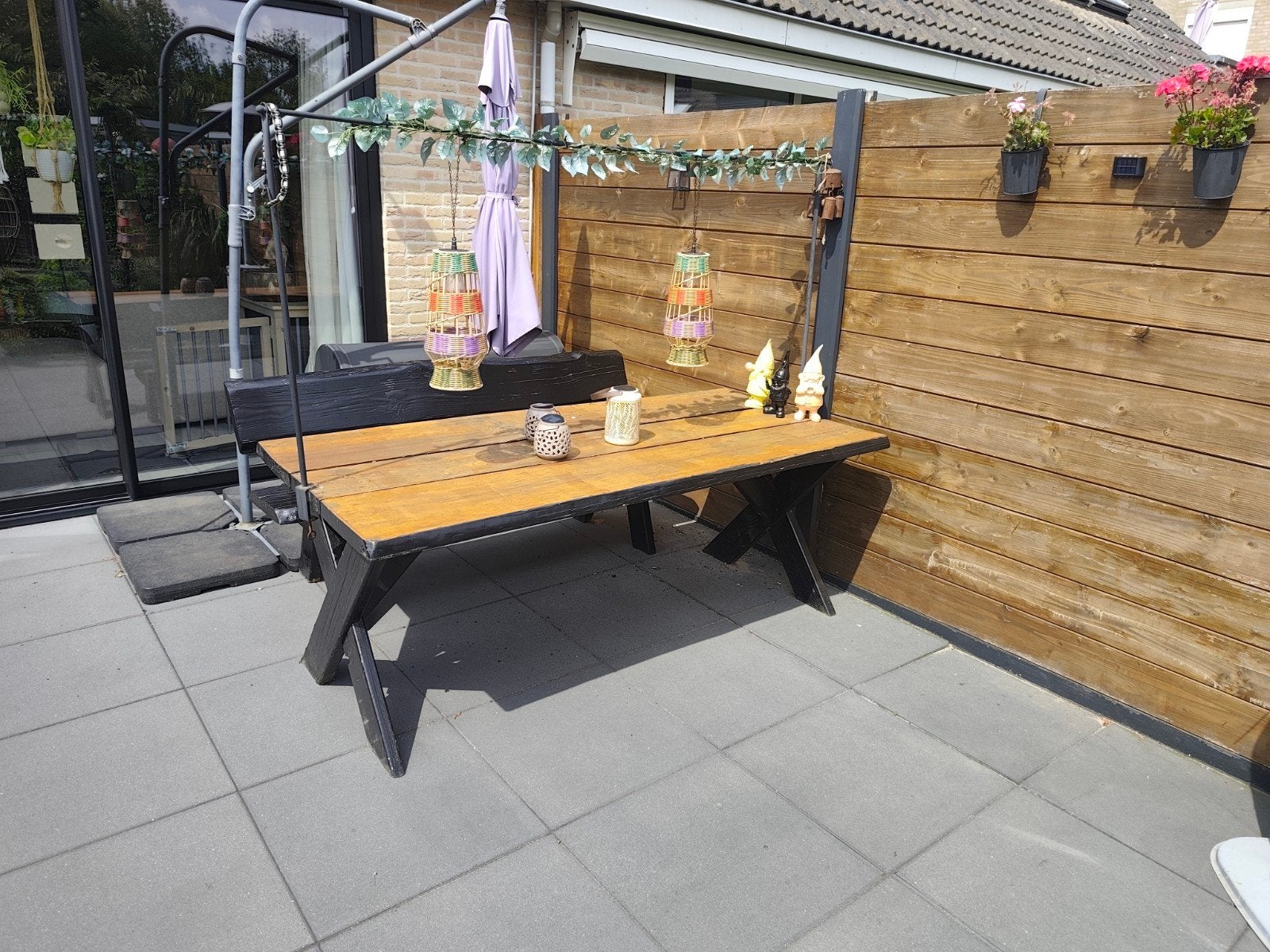 Houten picknicktafel met bankje 200x93cm, Ophalen, Gebruikt, Rechthoekig, Hout
