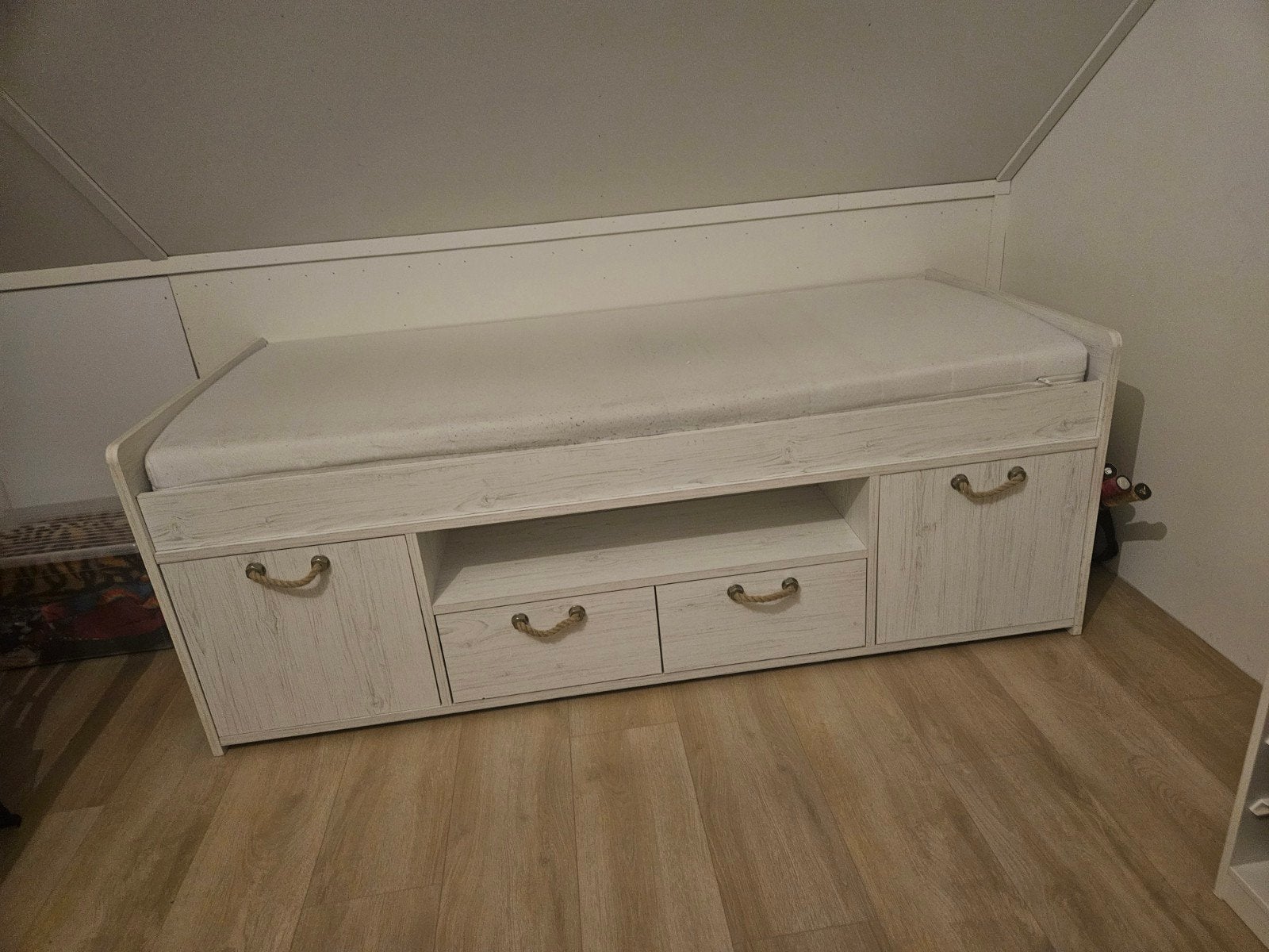 Eenpersoonsbed met opbergruimte, matras en lattenbodem, Ophalen, Gebruikt, Eenpersoons, Wit