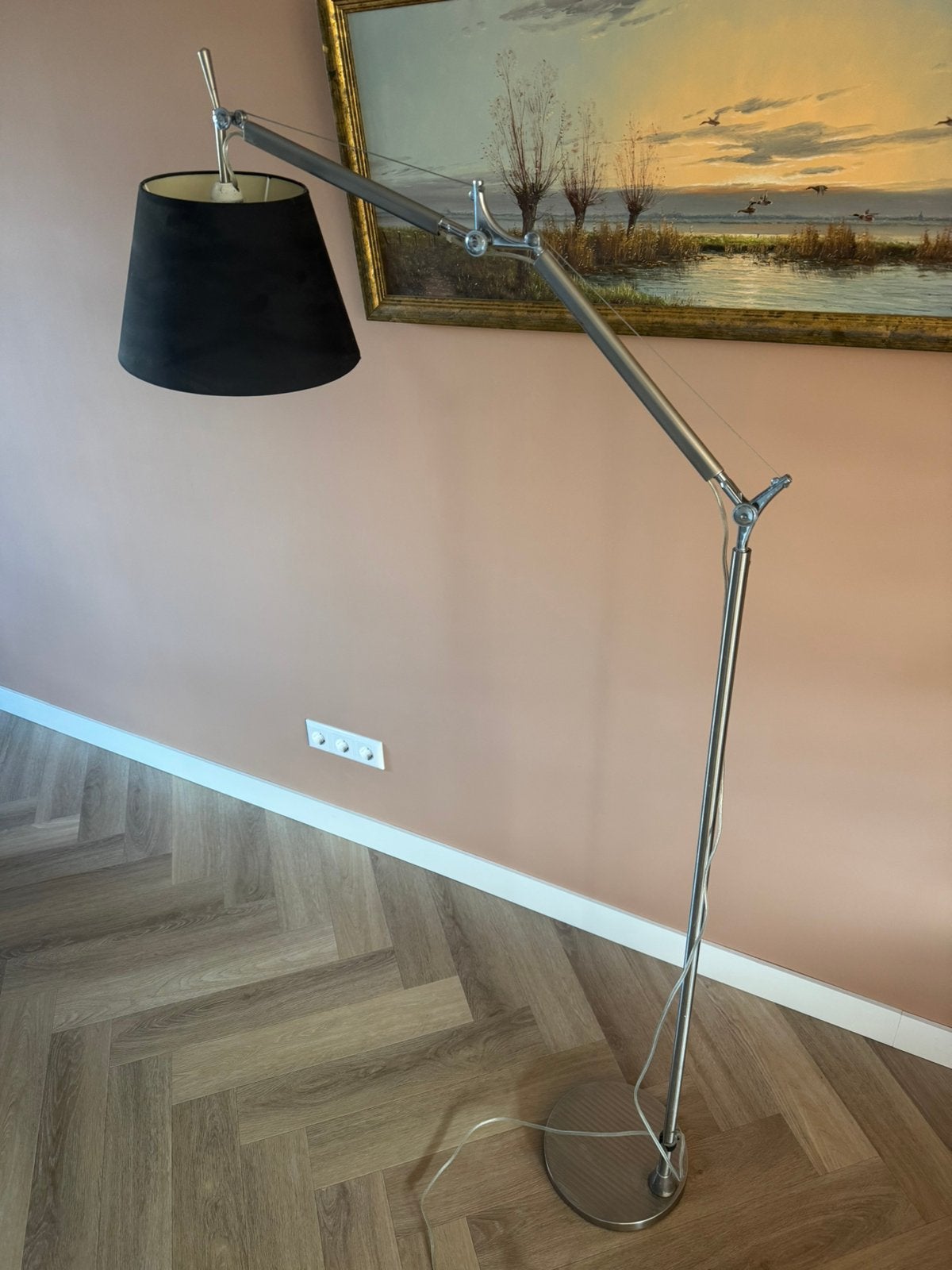 Vloer / lees lamp met zwarte lampenkap, Ophalen, Gebruikt, E27 (groot), Metaal