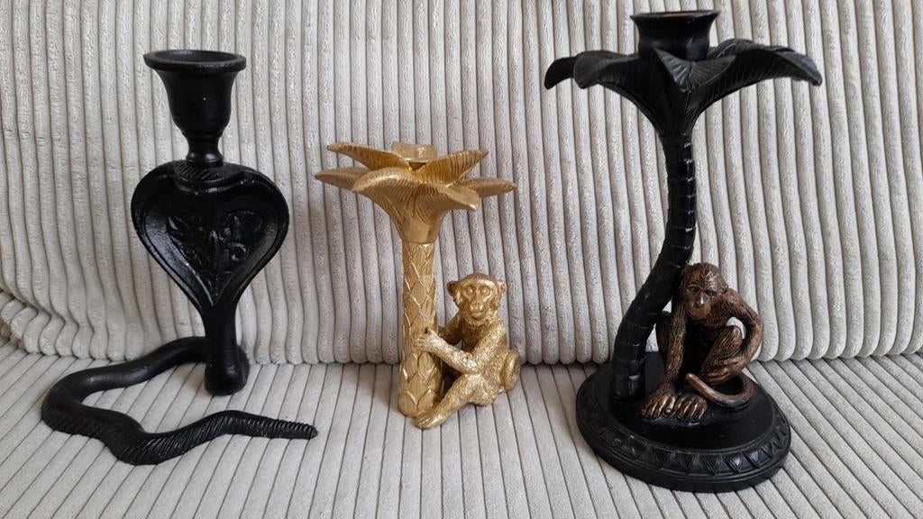 3 Kandelaars,  2 x Aap met Palmboom en 1 x Slang, Ophalen of Verzenden, Zwart, Metaal, Minder dan 25 cm