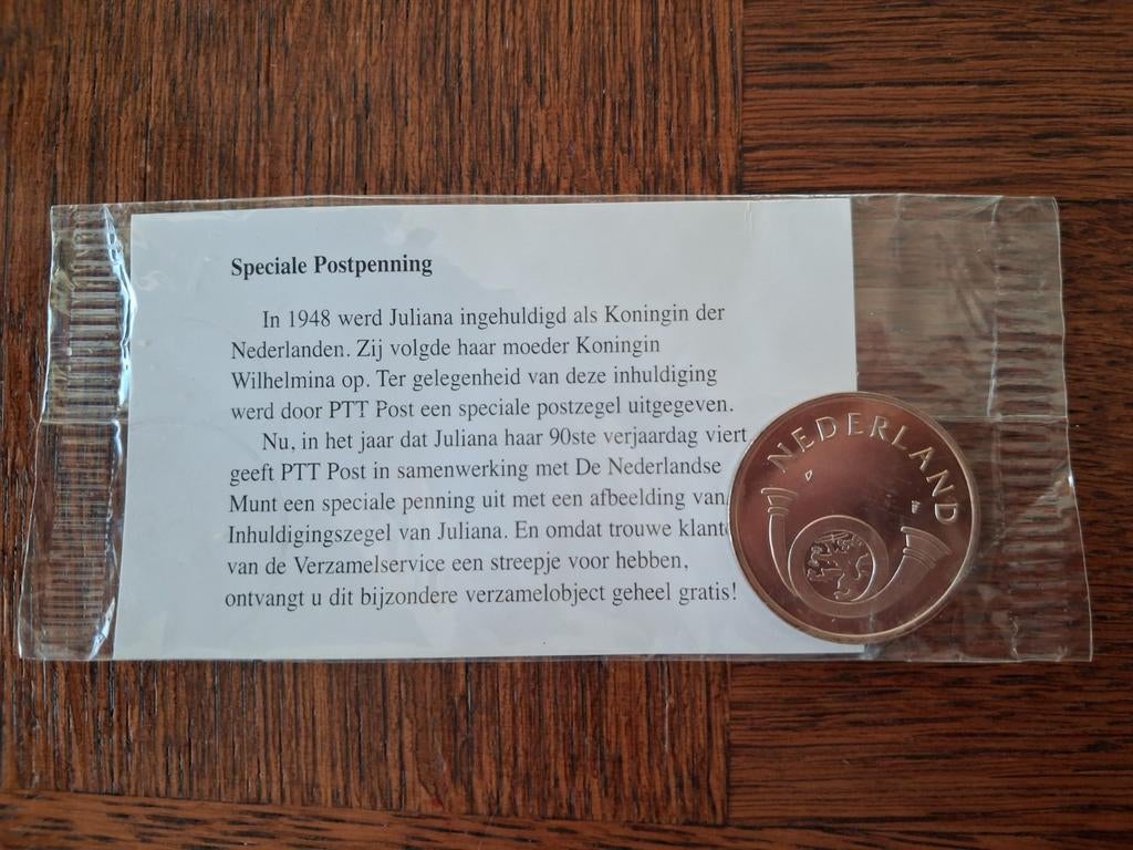 Nederland - penning 90e verjaardag Kon. Juliana, Verzenden, Overige materialen, Nederland