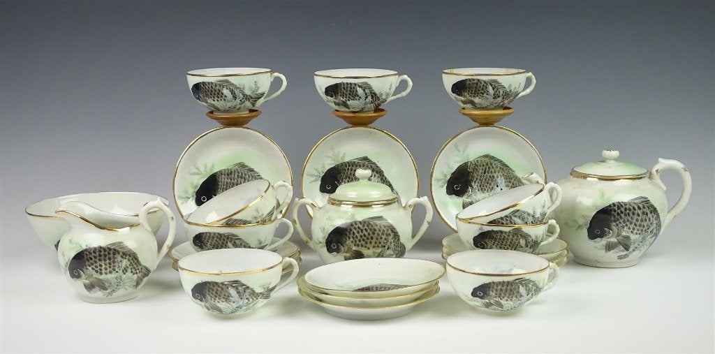 Oud Japans porseleinen theeservies met decor van vissen, Ophalen of Verzenden