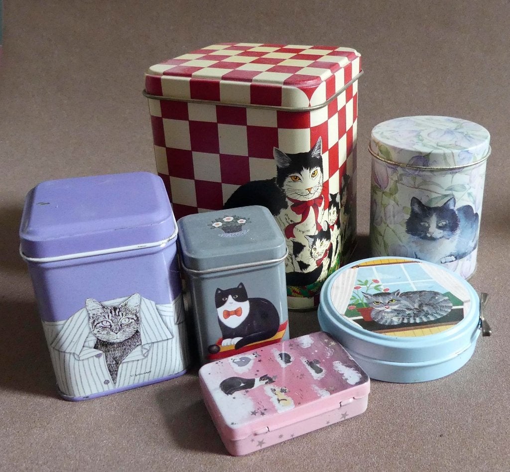 Vintage blikjes kat poes kattenblikjes jaren '80, Verzamelen, Blikken, Ophalen of Verzenden, Gebruikt, Overige