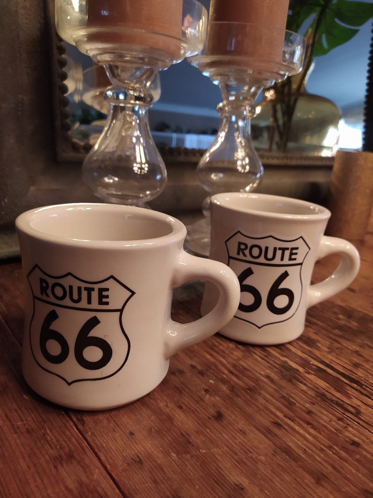 Set van 2 Route 66 mokken - Zo goed als nieuw, Overige typen, Ophalen of Verzenden, Zo goed als nieuw, Steen/keramiek