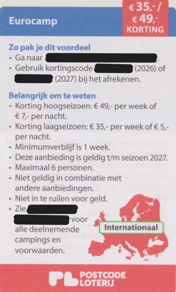 Eurocamp. €35,- / €49,- korting. Postcodeloterij kortingsbon, Drie personen of meer, Kortingsbon, Bungalowpark