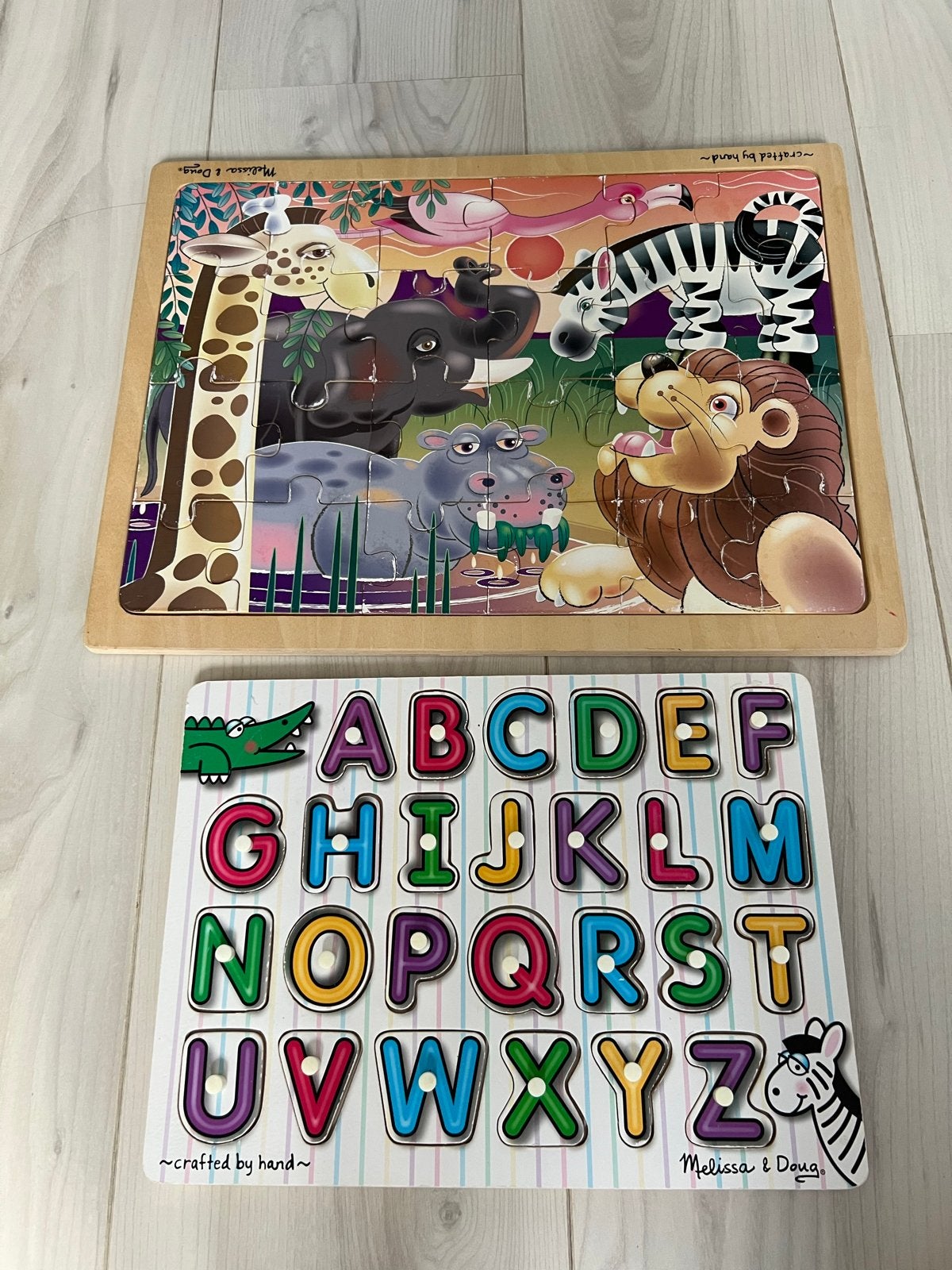 Melissa & Doug Houten Puzzels: Dieren en Alfabet, Ophalen, 2 tot 4 jaar, Gebruikt, Meer dan 50 stukjes