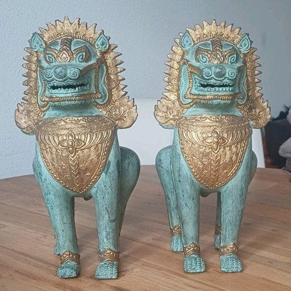 Groot paar vintage bronzen Singha tempelleeuwen / Foo Dogs, Antiek en Kunst, Ophalen of Verzenden
