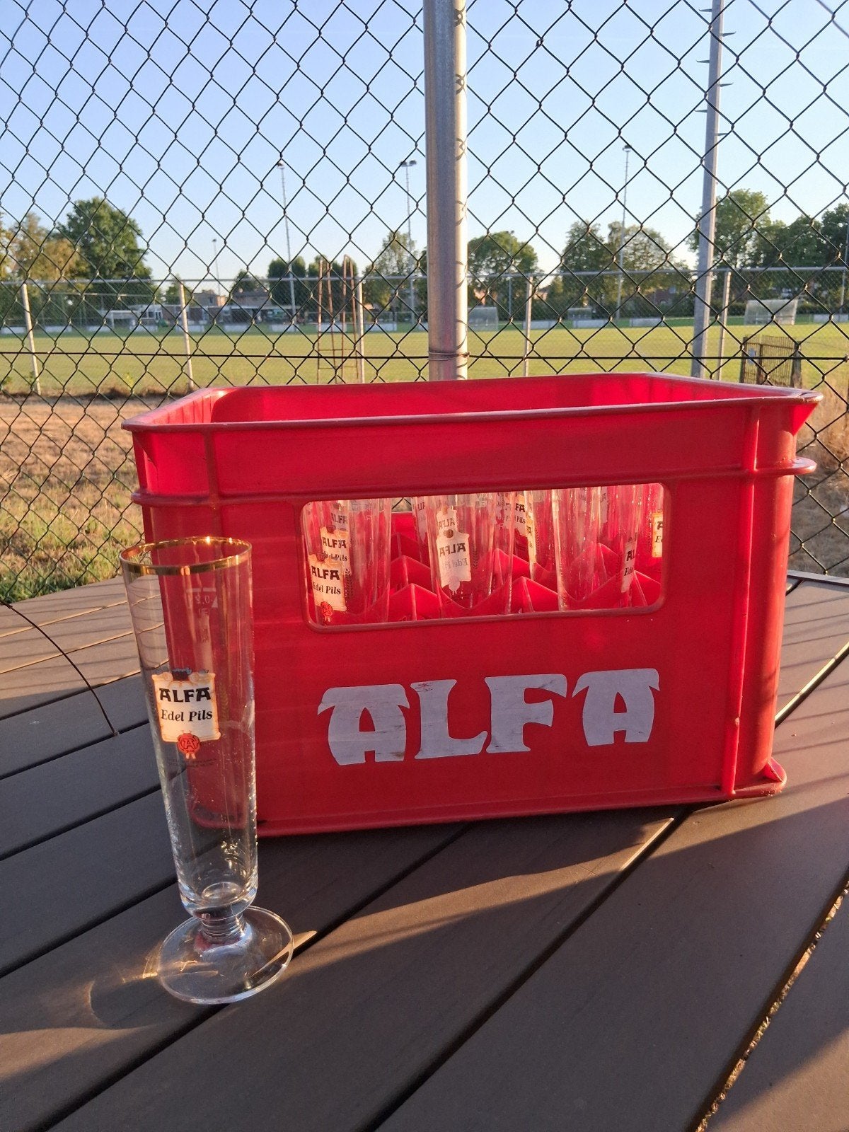 Vintage Alfa bier krat met 20 puntgave glazen 0,2L, Ophalen of Verzenden, Gebruikt, Glas of Glazen, Overige merken