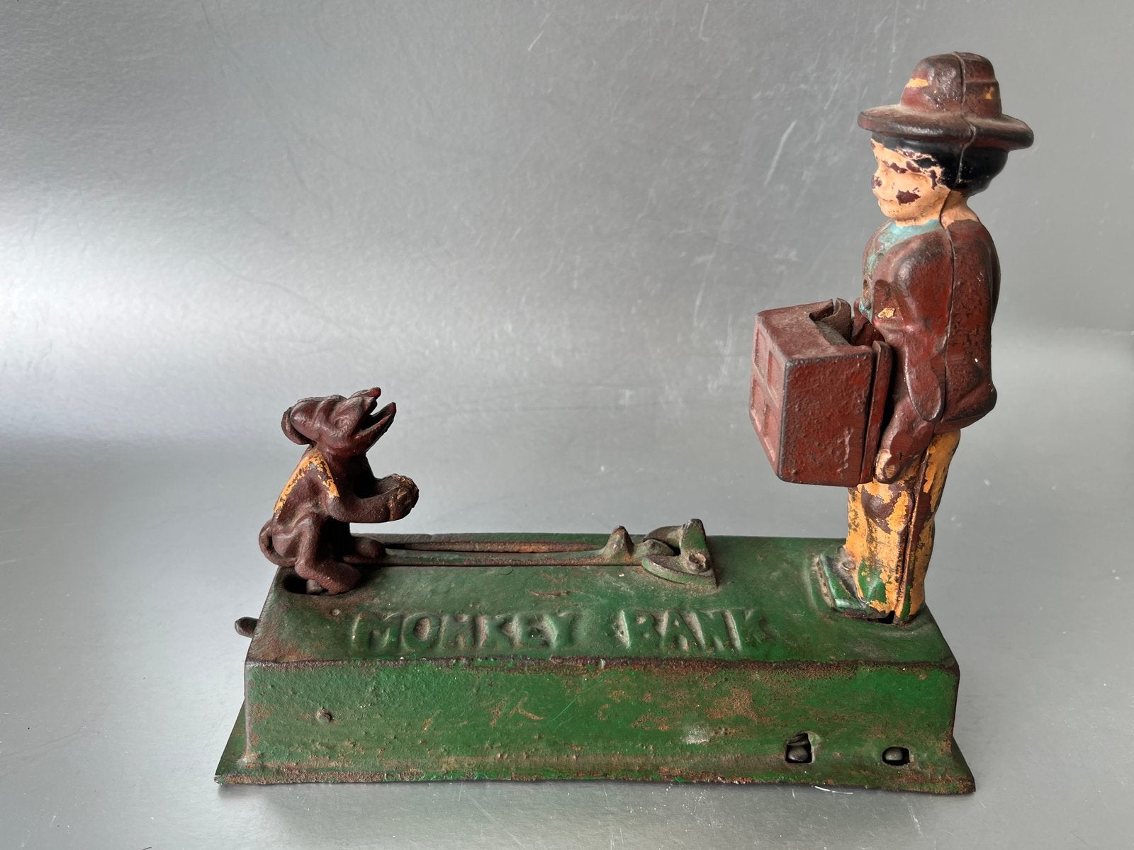 Gietijzeren spaarpot monkey bank, vroege replica jr 50-70, Verzamelen, Gebruikt, Ophalen of Verzenden, Overige thema's, Metaal of Blik