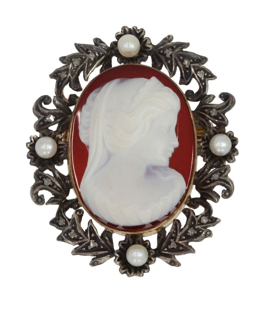 Grote diamanten 14k gouden hanger broche camee parels antiek, Verzenden, Goud, Hanger, Met edelsteen