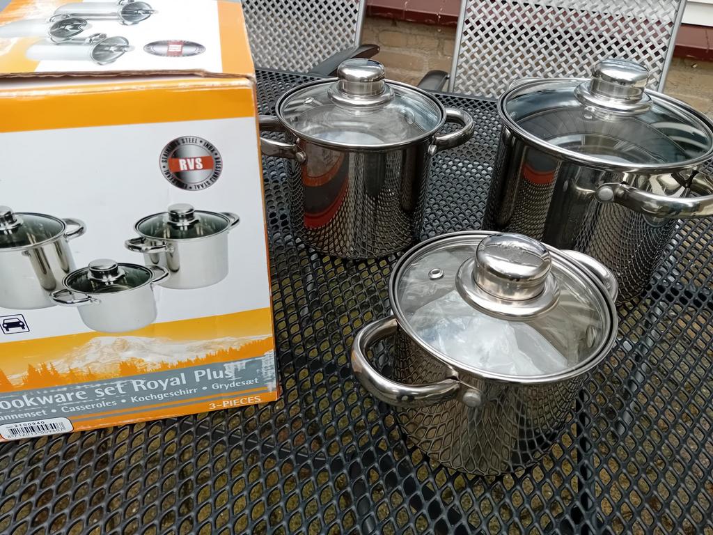 Pannenset Royal Plus RVS 3-delig, Ophalen, Zo goed als nieuw, Rvs, Pannenset