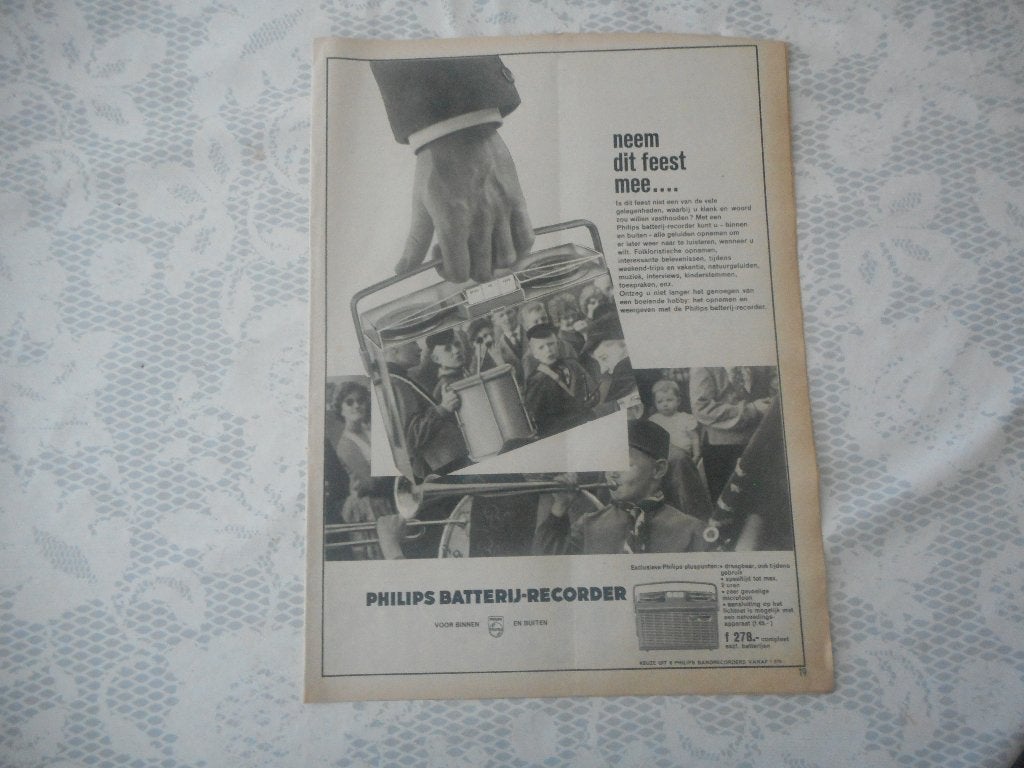Adv, Philips. Batterij-recorder. Neem dit feest mee. 1962., Ophalen of Verzenden, Gebruikt, Overige typen