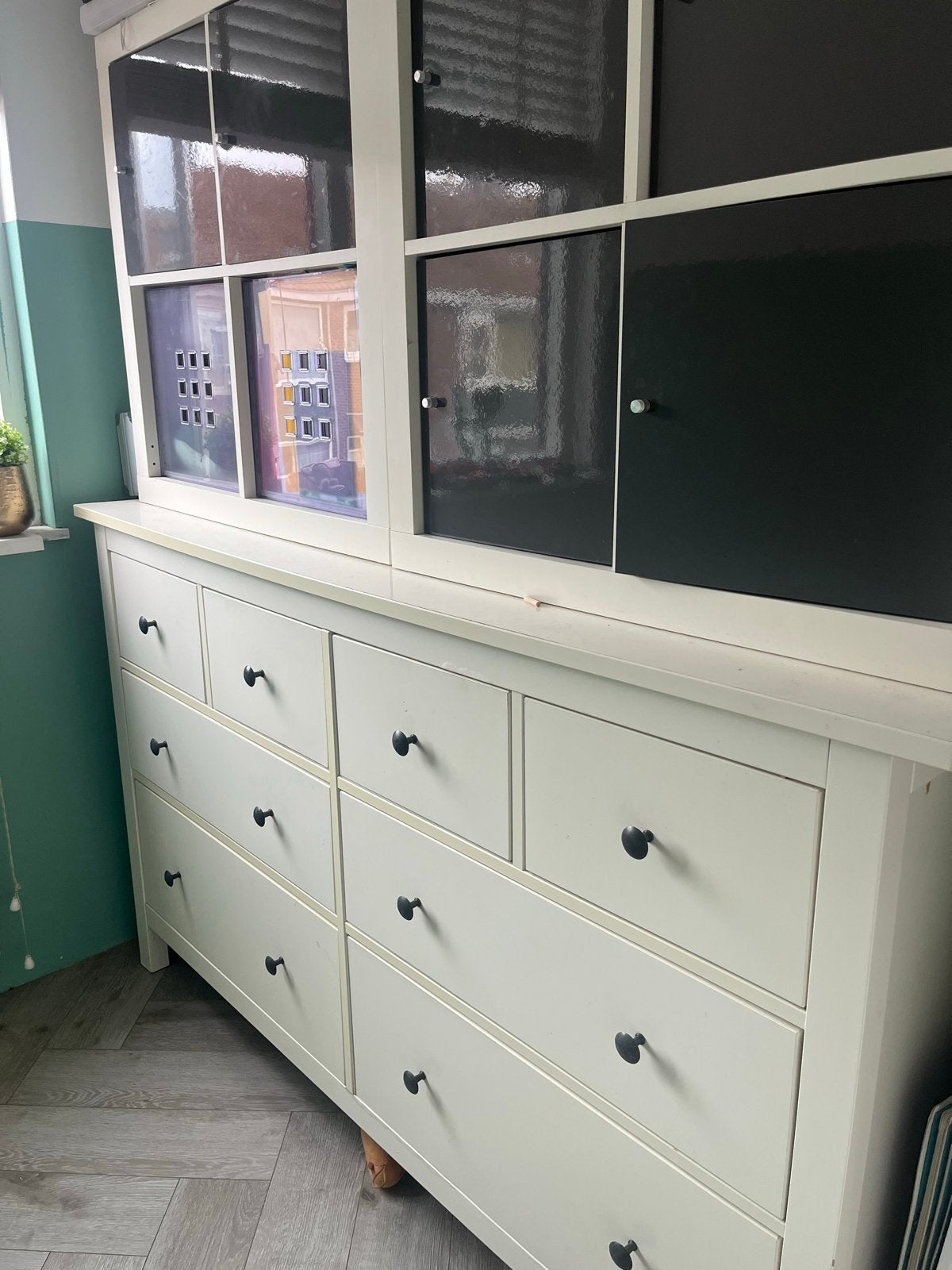 Witte ladekast met vitrinekast - IKEA Hemnes stijl, Gebruikt, 100 tot 150 cm, Ophalen of Verzenden, Met lade(s)