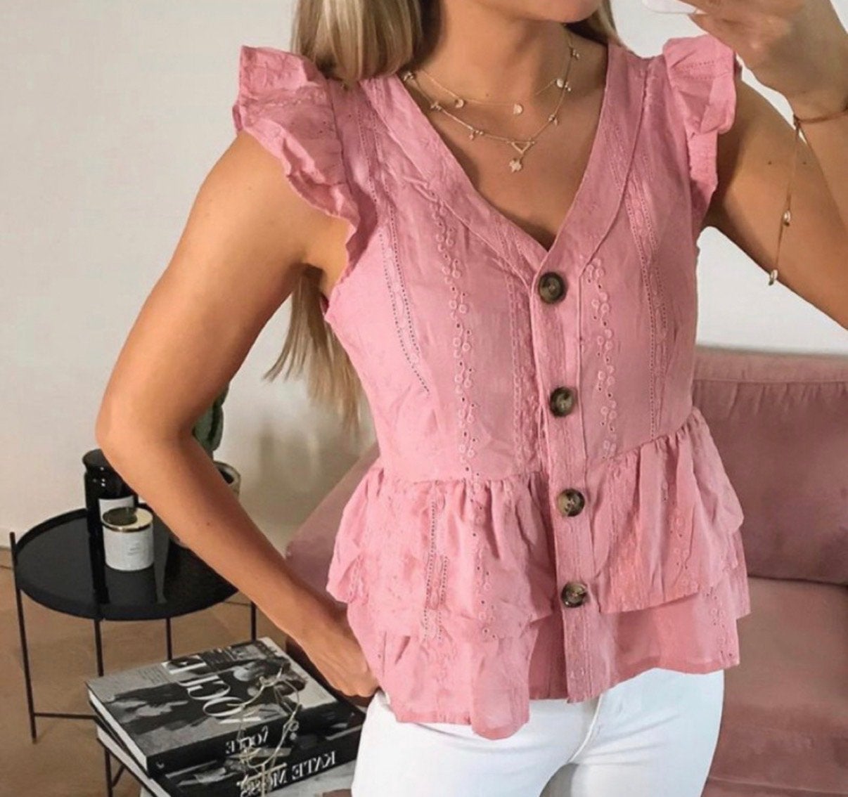 Roze Peplum Top met Knoopjes en Ruches maat s, Nieuw, Ophalen of Verzenden, Roze, Maat 36 (S)