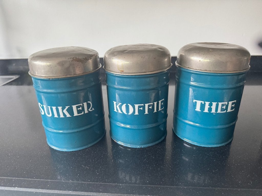 Vintage voorraadpotten: Suiker, Koffie, Thee - Blauw metaal, Ophalen of Verzenden, Voorraadpot, Metaal, Gebruikt