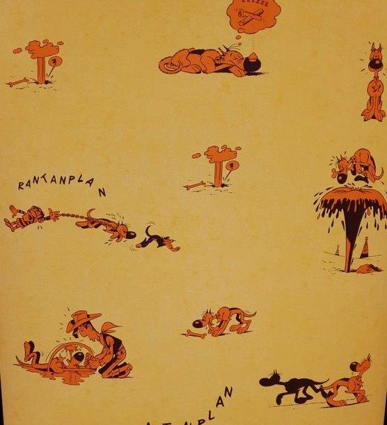 12842 Lucky Luke behang met Rantanplan op warm geel swiet, Huis en Inrichting, Verzenden, Minder dan 10 m², Oranje