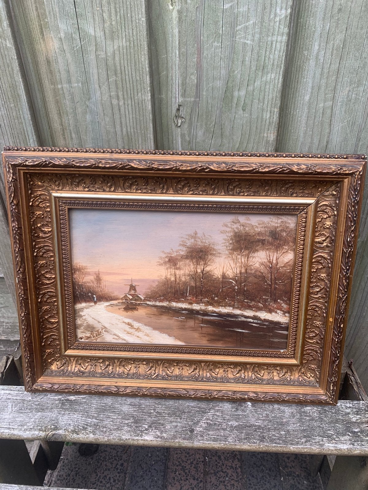 Schilderij winterlandschap op eiken paneel, Antiek en Kunst, Paneel, Verzenden, Ingelijst, Landschap