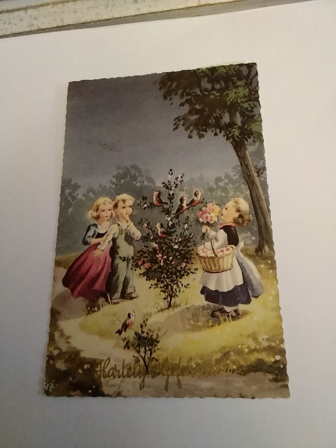 Oude ansichtkaart: Kinderen met bloemen en vogels 1959, Ophalen of Verzenden