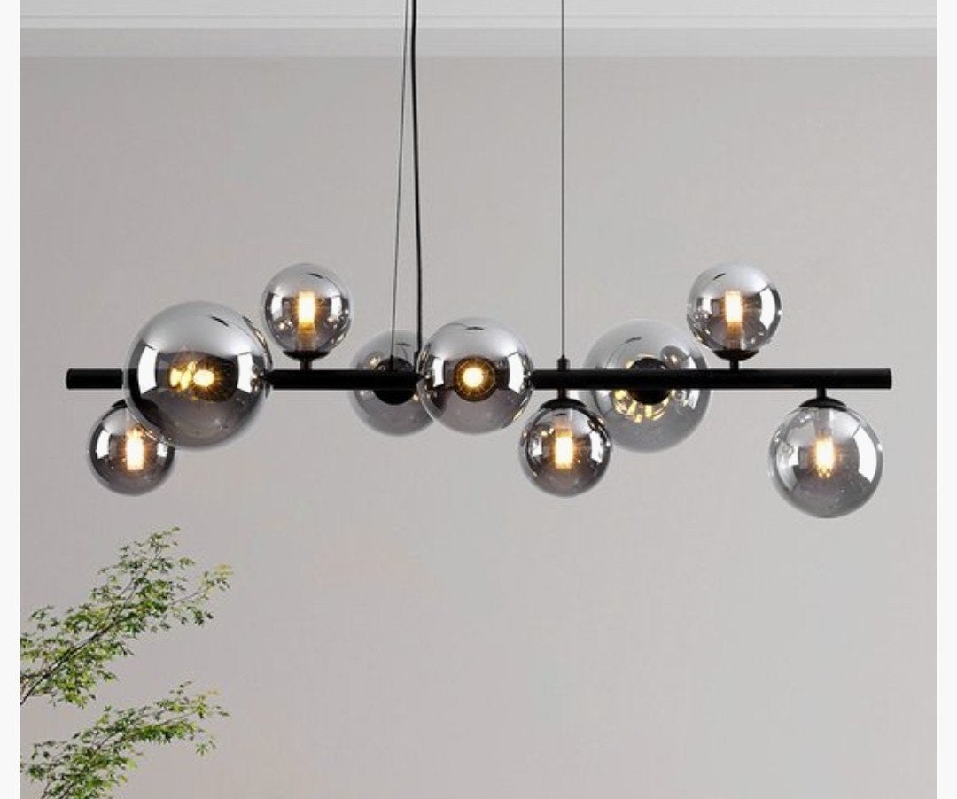Moderne hanglamp met 9 rookglazen bollen, Ophalen, Modern, Industrieel, E14 (klein), Zo goed als nieuw
