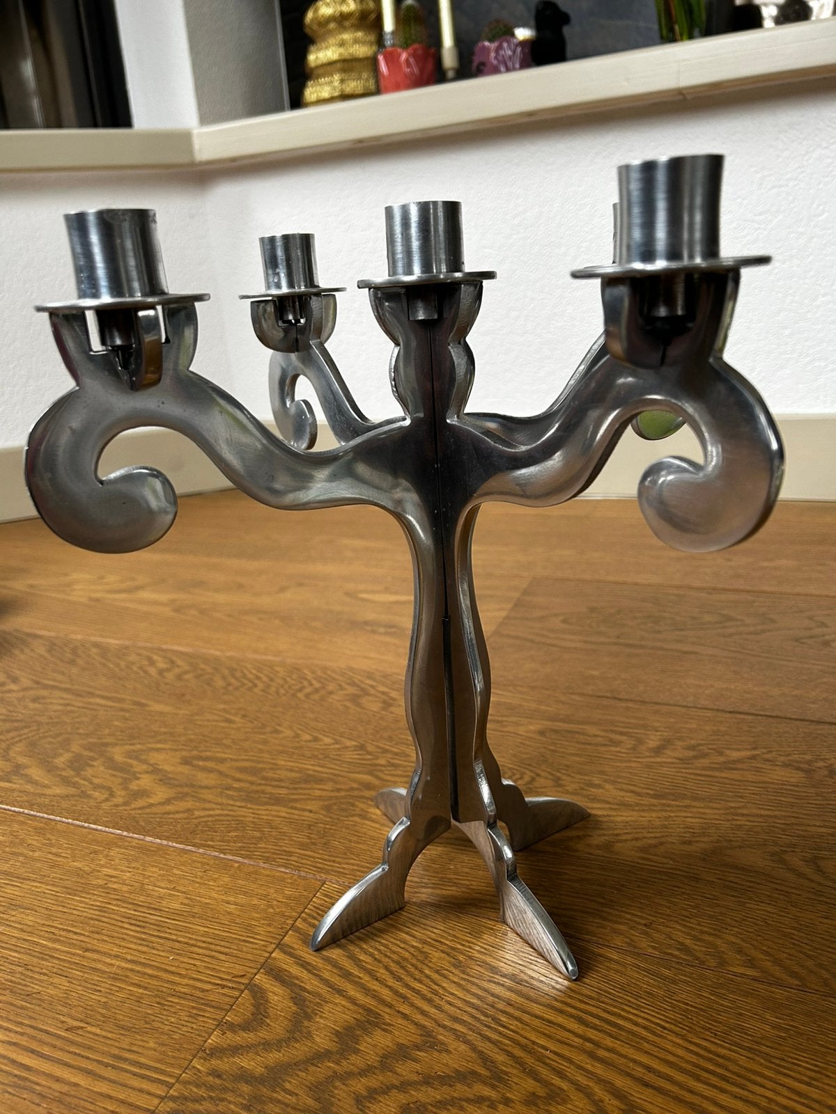 Kandelaar 5 armen voor dinerkaarsen zilverkleurig design, Gebruikt, Ophalen of Verzenden, Metaal, Zilver