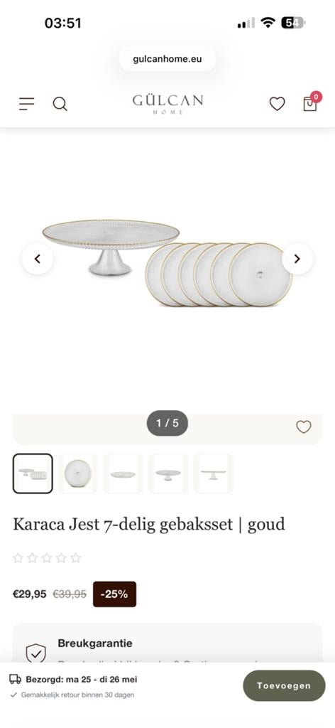 Karaca Taartplateau met 6 taartborden gouden rand nieuw il, Ophalen of Verzenden, Zo goed als nieuw, Overige materialen, Overige stijlen