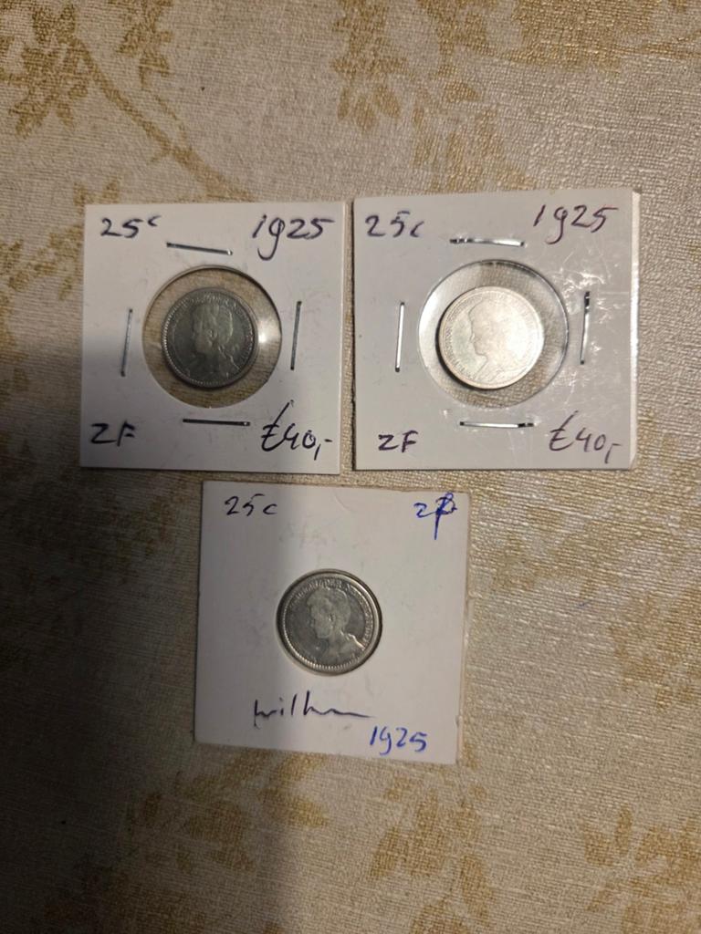 3x Zilveren Kwartje Wilhelmina 1925 (25 cent), Ophalen of Verzenden, Koningin Wilhelmina, 25 cent