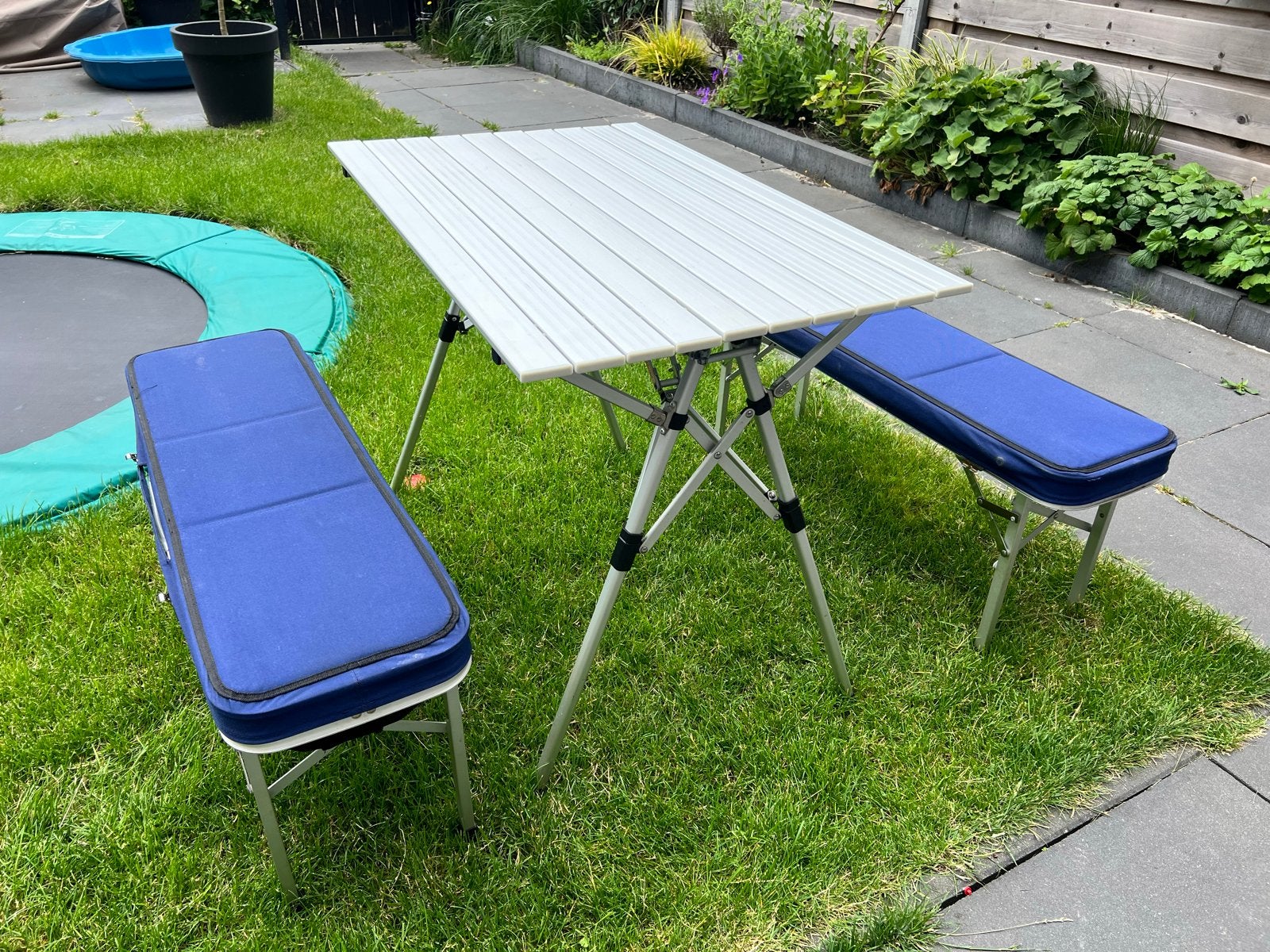 Opklapbare camping tafel met 2 bankjes, aluminium, Ophalen, Gebruikt, Campingtafel