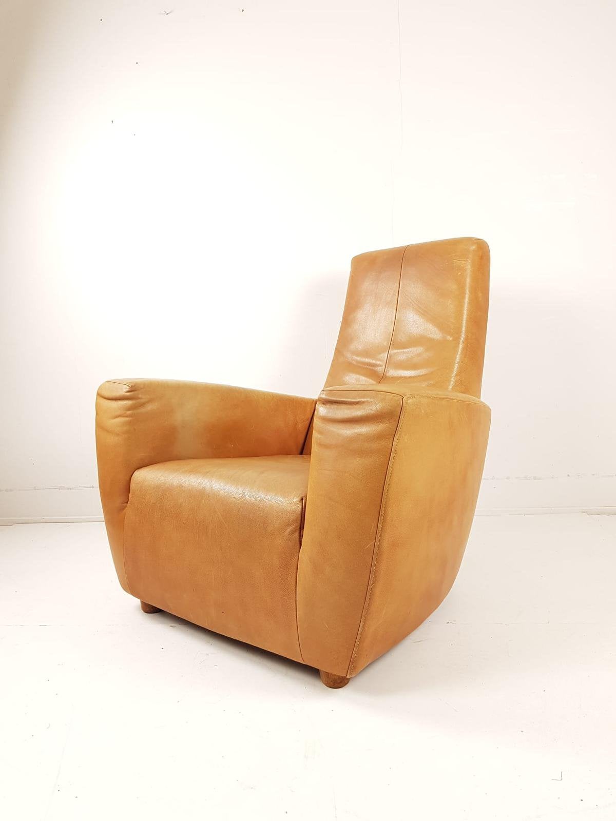 Longa leren fauteuil | cognac leer Label G vd Berg, Gebruikt, ., Vintage, Ophalen of Verzenden