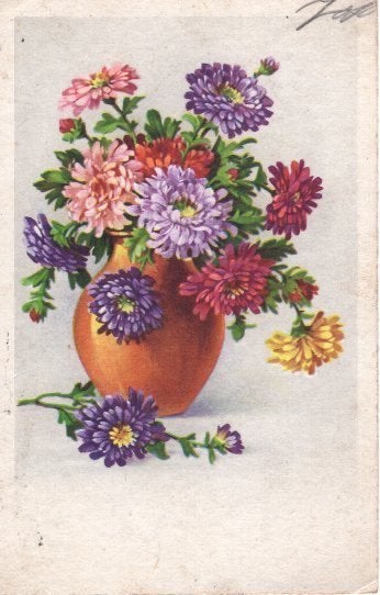 3 kaart met vaas met bloemen, Ophalen of Verzenden, 1940 tot 1960, Gelopen, Overige thema's