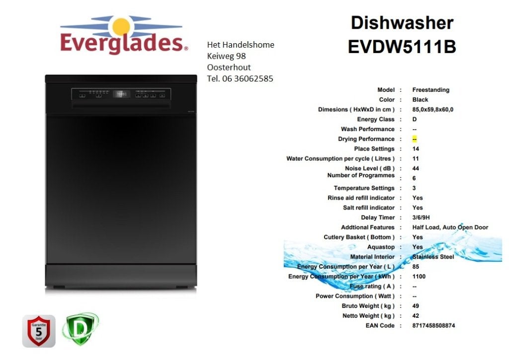 Nieuwe luxe zwarte vaatwasser 5 jaar gar. nu 379 euro, Witgoed en Apparatuur, Ophalen, 60 cm of meer, Minder dan 10 liter, Vrijstaand