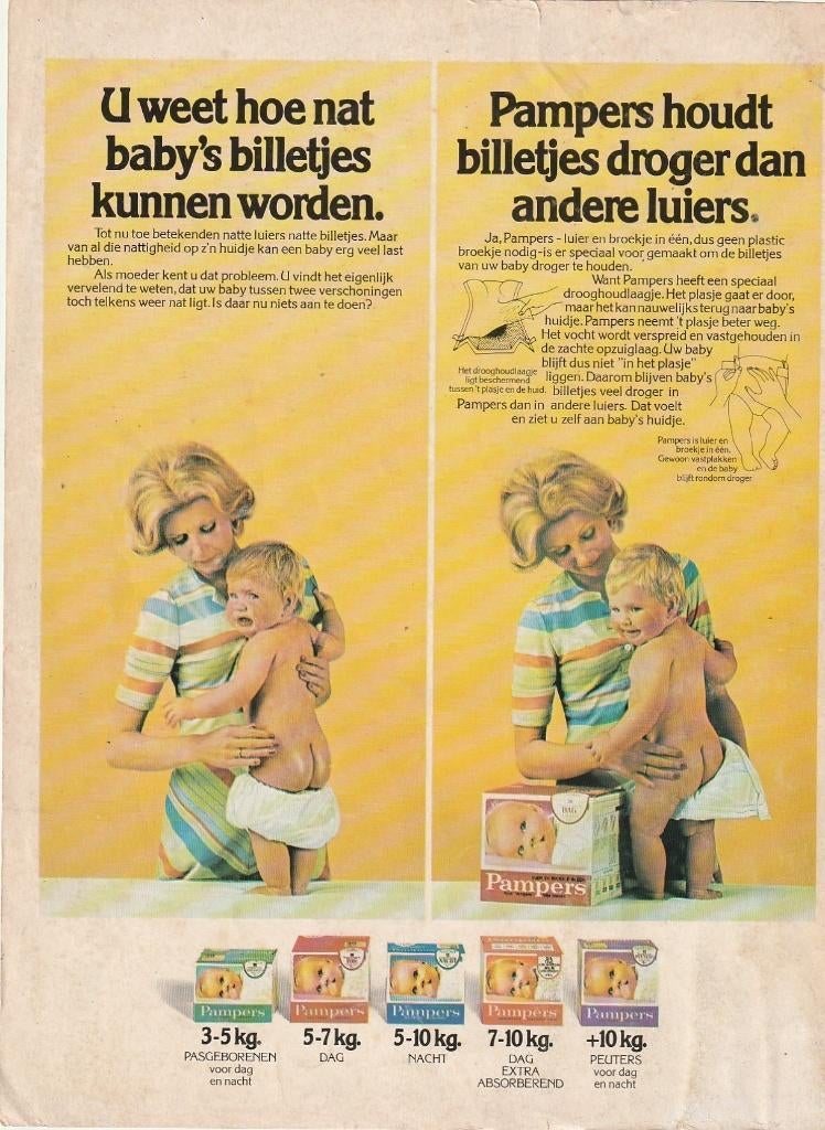 Retro reclame 1977 Pampers baby luiers in 5 kleuren, Verzenden, Overige typen