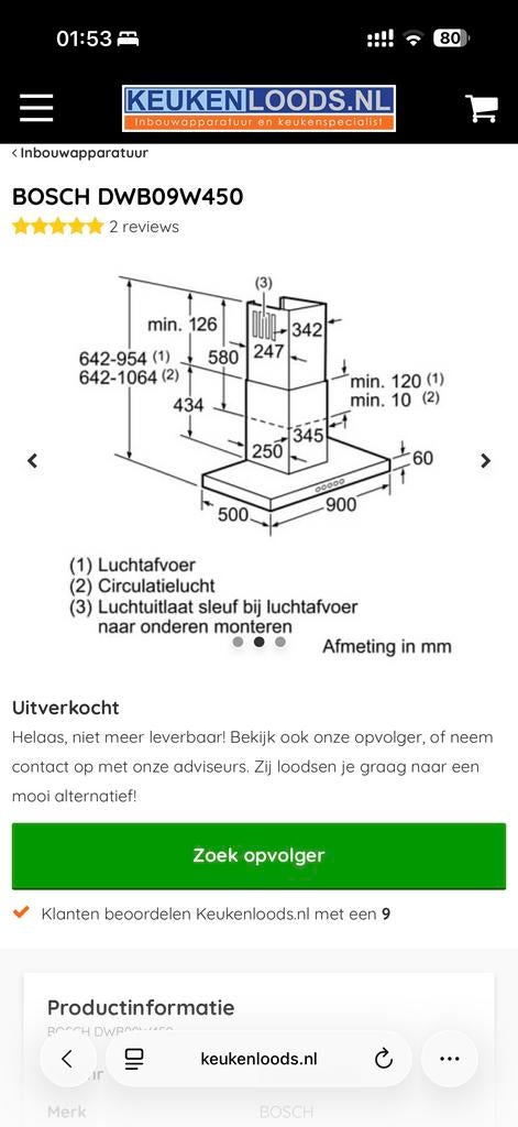 Bosch DWB09W450 Wandschouwkap, Witgoed en Apparatuur, Afzuigkappen, Gebruikt, Wandschouwkap, Ophalen of Verzenden, 400 tot 600 m³ per uur
