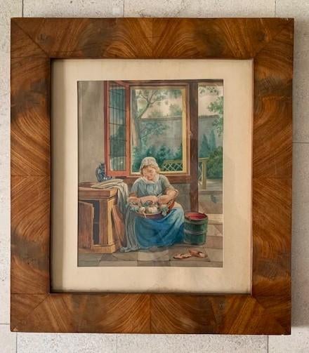 Antieke Aquarel - Dienstmeid - Dirk Schouten 1867 Dordrecht, Antiek en Kunst, Ophalen of Verzenden