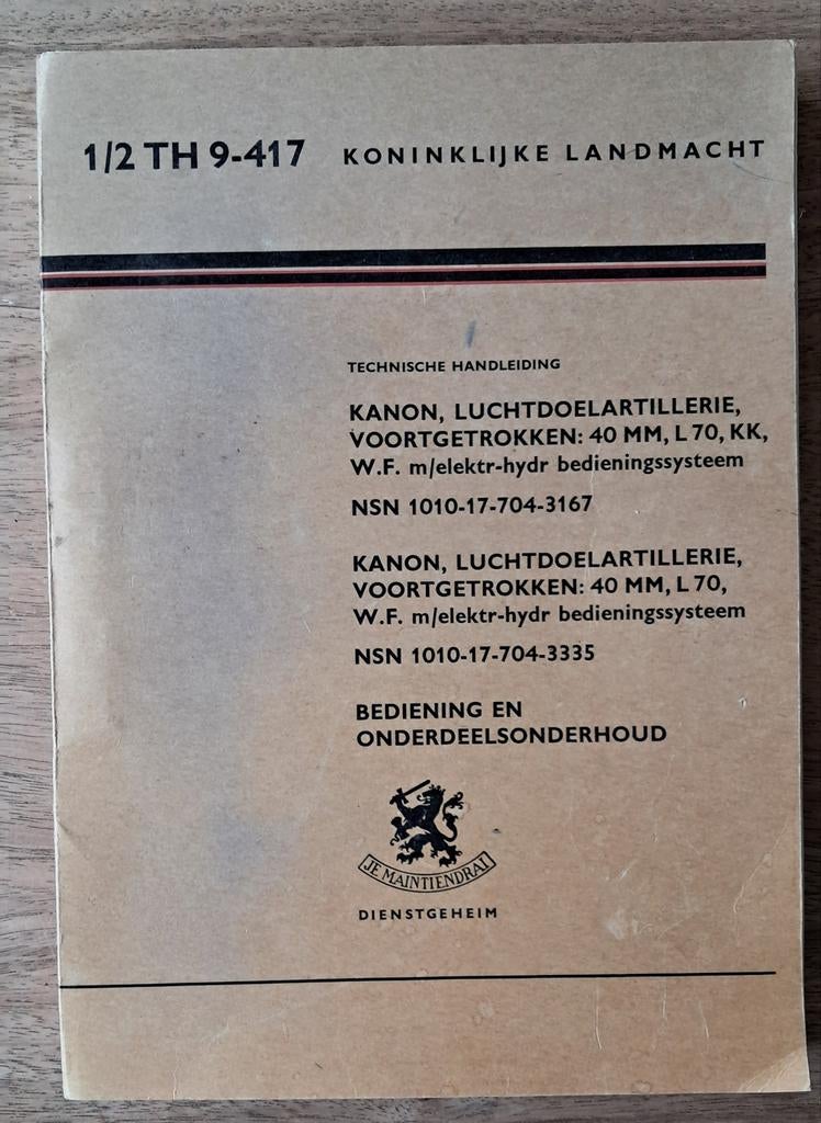Technische handleiding kanon Luchtdoelartillerie 40L70 LUA, Verzamelen, Ophalen of Verzenden, Landmacht, Nederland, Boek of Tijdschrift