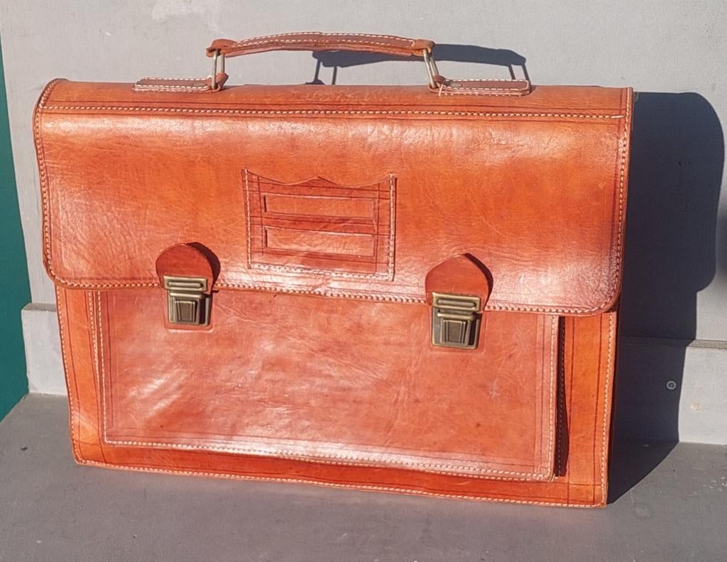 Vintage leren aktetas / schooltas , made in italy, Overige merken, Gebruikt, Bruin, Ophalen of Verzenden