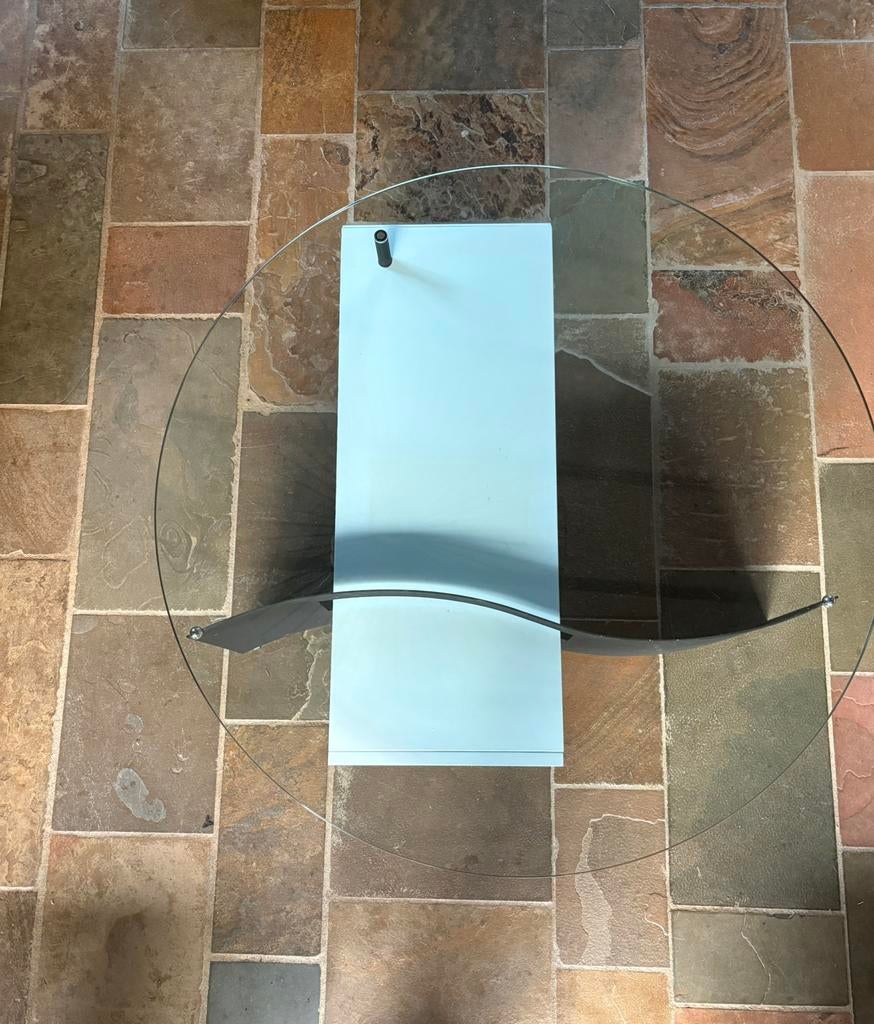 Ronde salontafel met glazen blad en lade, Ophalen, Gebruikt, 100 tot 150 cm, Rond