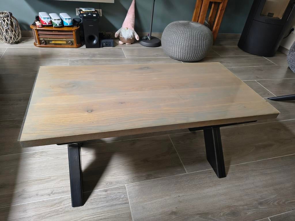 2 Eiken Salontafels Greywash met IJzeren X Poten, Ophalen, 100 tot 150 cm, 50 tot 100 cm, Zo goed als nieuw