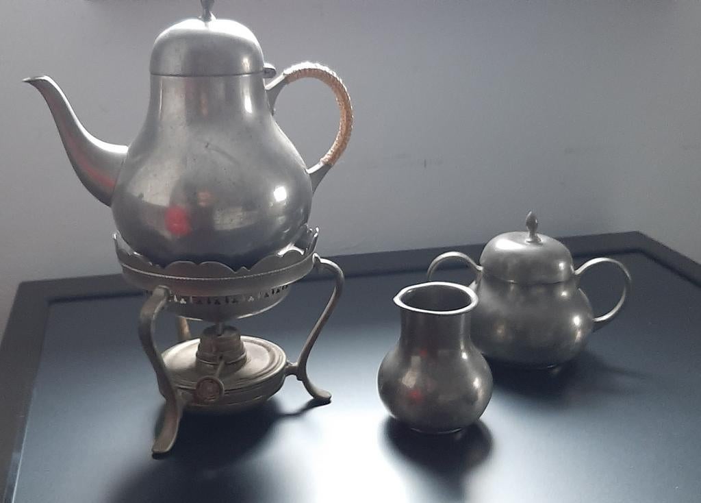 Oude Tinnen Theepot melkkan en Suikerpot met theelicht, Antiek en Kunst, Ophalen