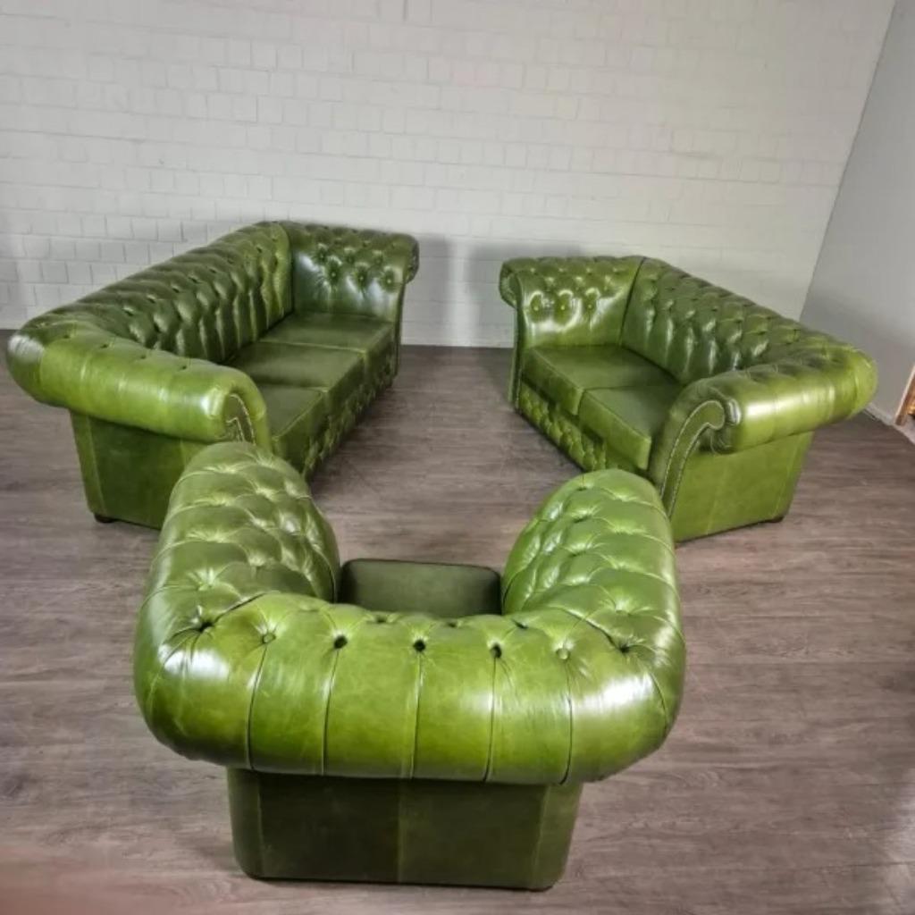24596 Chesterfield Bankstel Groen 3-2-1 Leder, Huis en Inrichting, Banken | Bankstellen, Ophalen, Chesterfield, Nieuw, Rechte bank