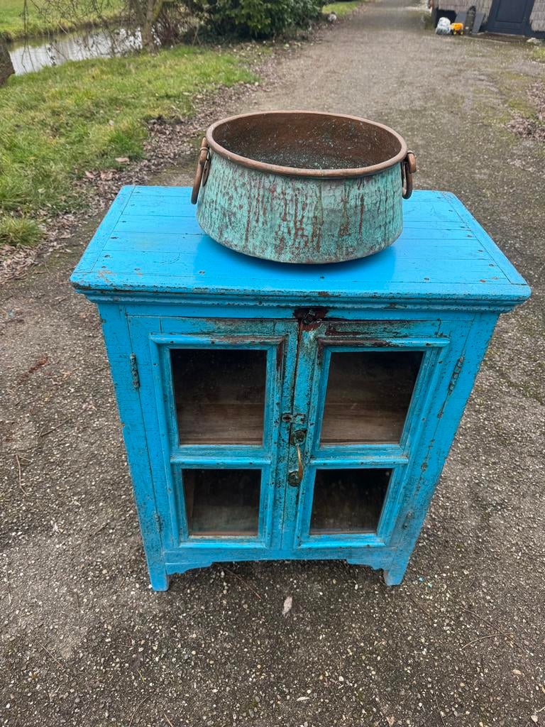 Unieke Vintage Turquoise kast met Koperen Bak Ibiza Stijl, Huis en Inrichting, Ophalen, Gebruikt