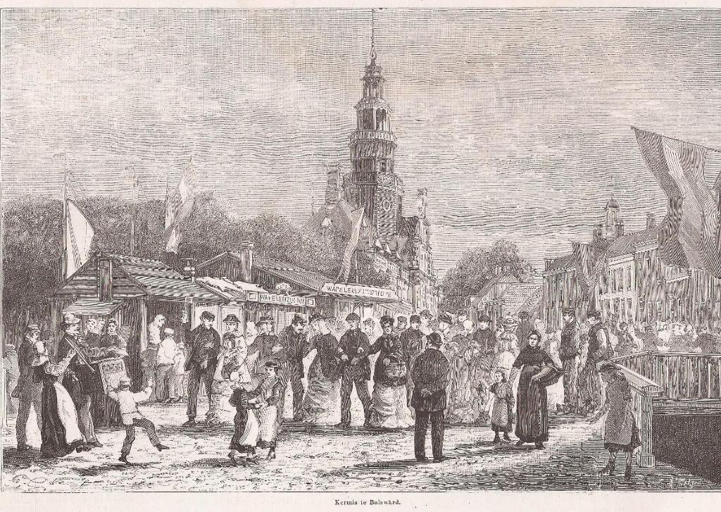 Bolsward. Kermis te Bolsward houtgravure ca. 1880, Antiek en Kunst, Ophalen of Verzenden