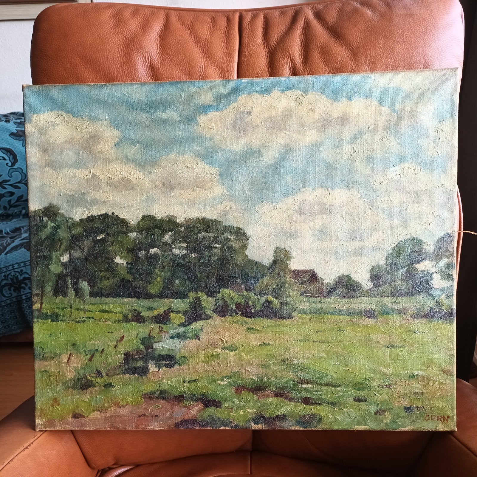 Schilderij Haagse school stijl, landschap met luchten, Ophalen of Verzenden