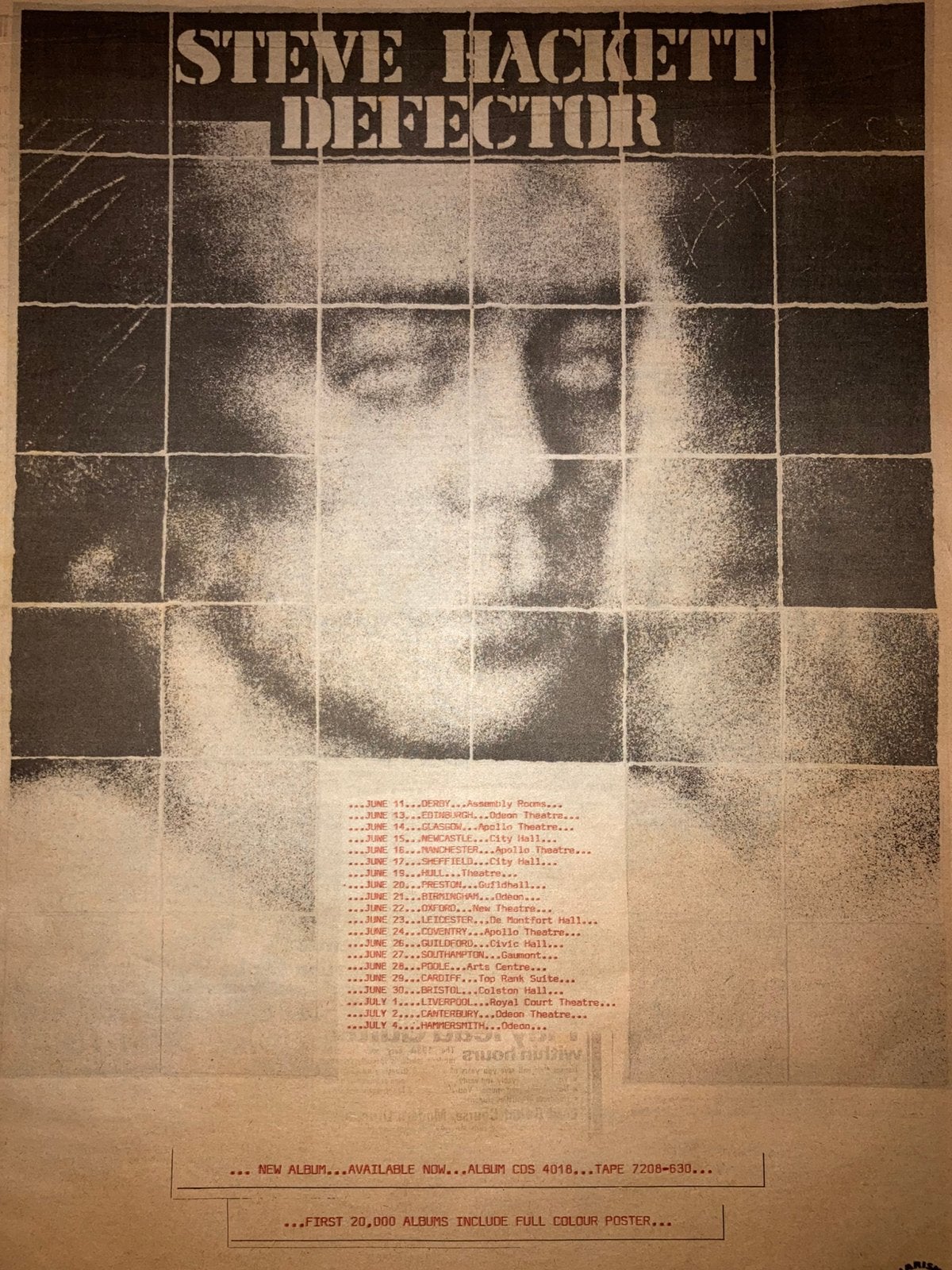 Paginagrote A3 advertentie STEVE HACKETT Defector tour, Ophalen of Verzenden, Zo goed als nieuw