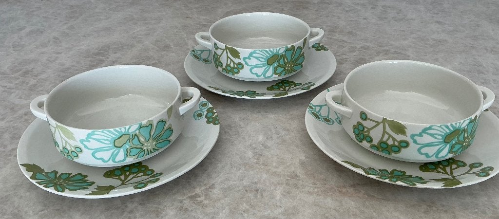 3 Villeroy & Boch Scarlett stapelbare soepkommen met schotel, Gebruikt, Villeroy & Boch, Ophalen of Verzenden, Kom(men)