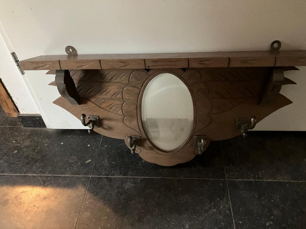 antieke houten kapstok met spiegel, Huis en Inrichting, Gebruikt, Minder dan 100 cm, Hout, Ophalen