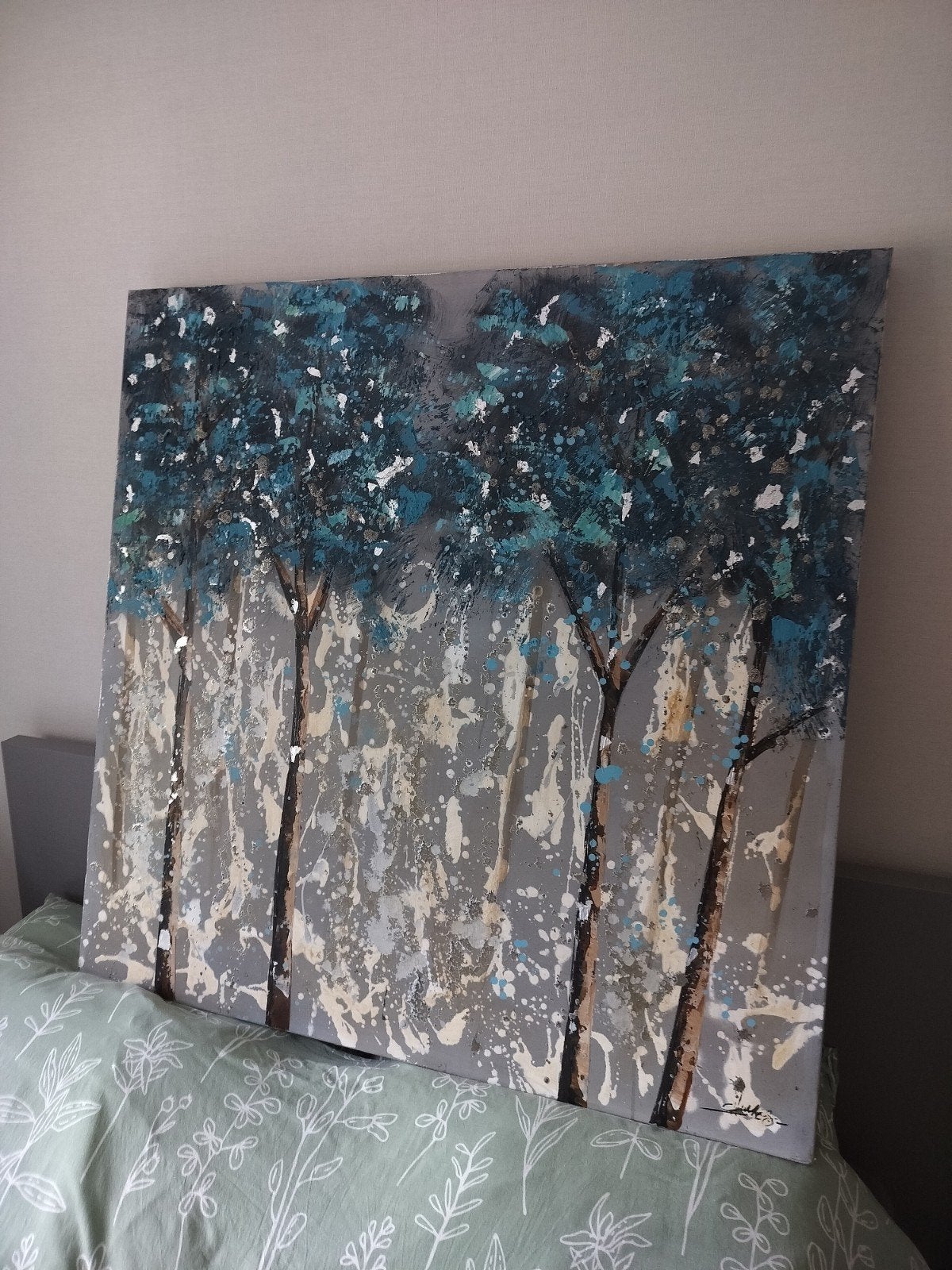 Modern Schilderij: Abstract Boslandschap met Bomen, Antiek en Kunst, Acrylverf, Op houten frame, Textiel, Landschap