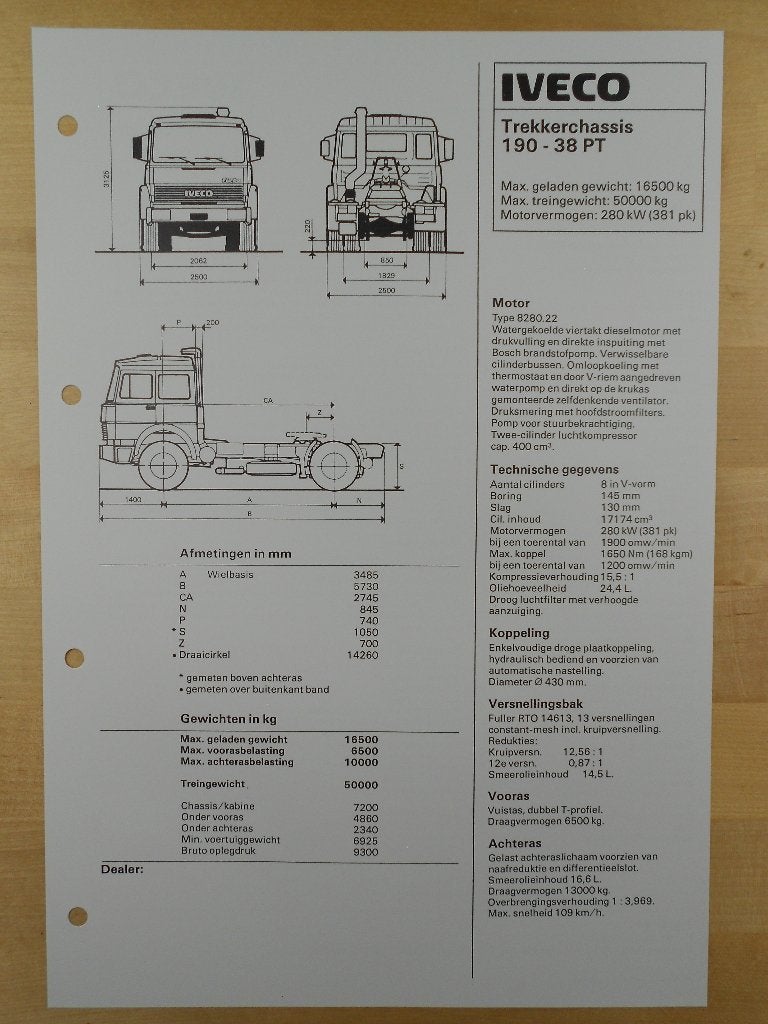 Iveco 190.38 PT 4x2 Technische Specificatie Brochure 1983, Iveco, Ophalen of Verzenden, Zo goed als nieuw, Overige merken