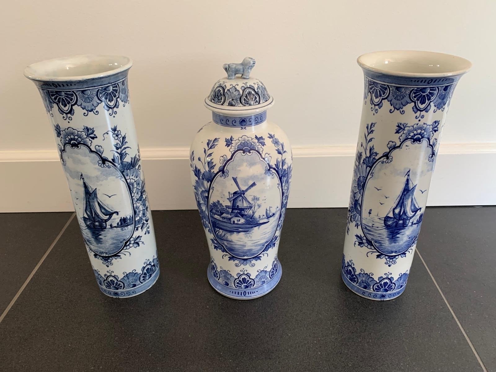 Mooie set Delfts blauwe vazen en pot, Ophalen