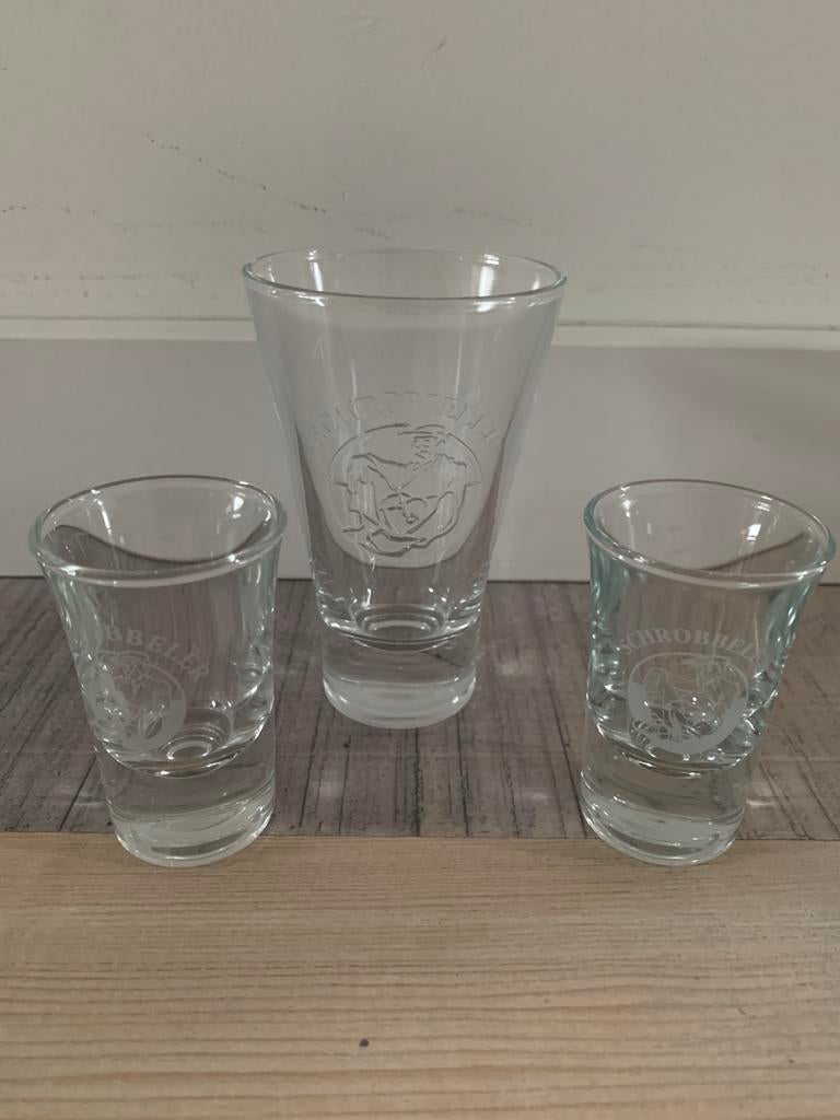 3x schrobbeler borrelglazen, Ophalen of Verzenden, Zo goed als nieuw, Overige typen