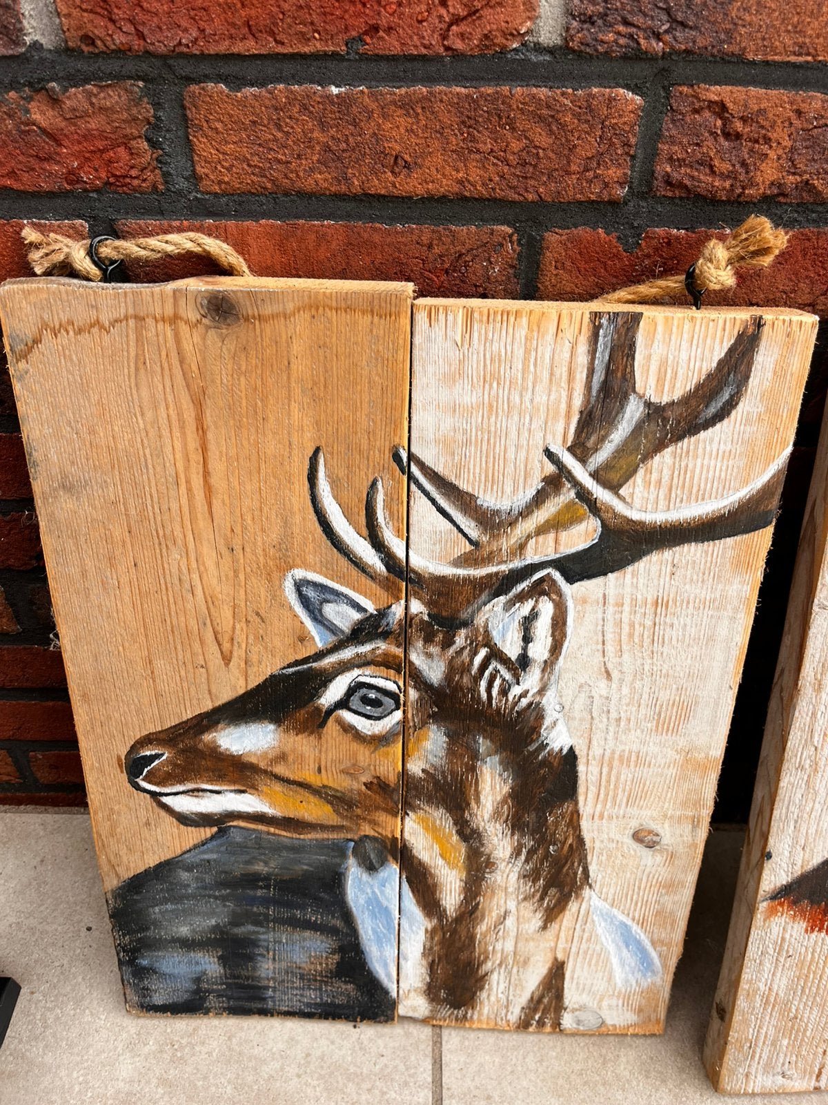 2 geschilderde dieren (vos en edelhert) steigerhout paneel, Ophalen of Verzenden
